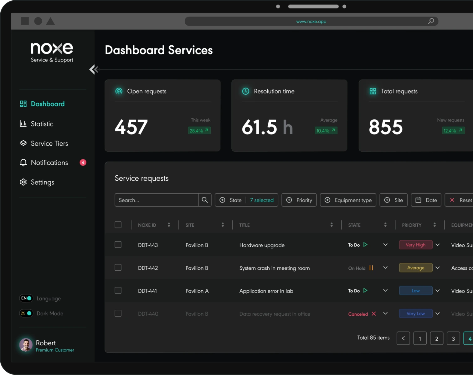 noxe.app dashboard on desktop